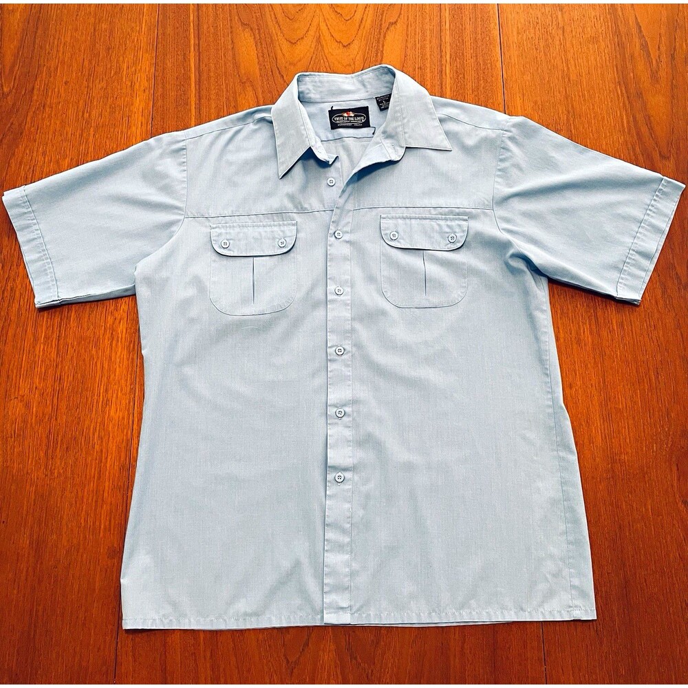 Vintage 70s MINT Fruit of the Loom Mens L Blue Short Sleeve Button Up Shirt
